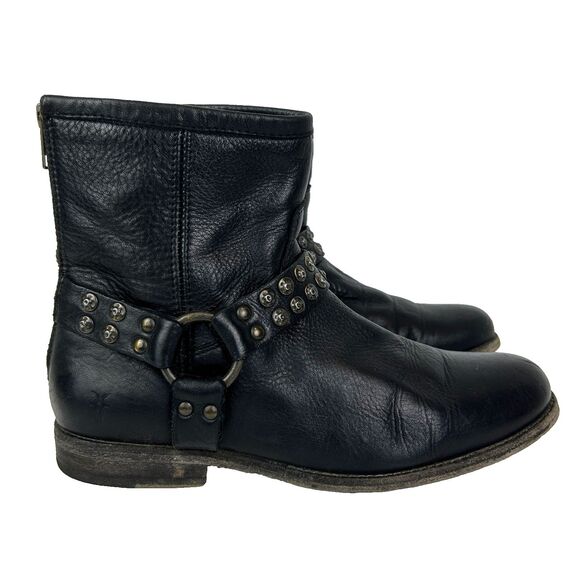 Frye Phillip Studded Harness Boots Moto Biker Full Leather Ankle Booties Black 9 - Picture 1 of 16